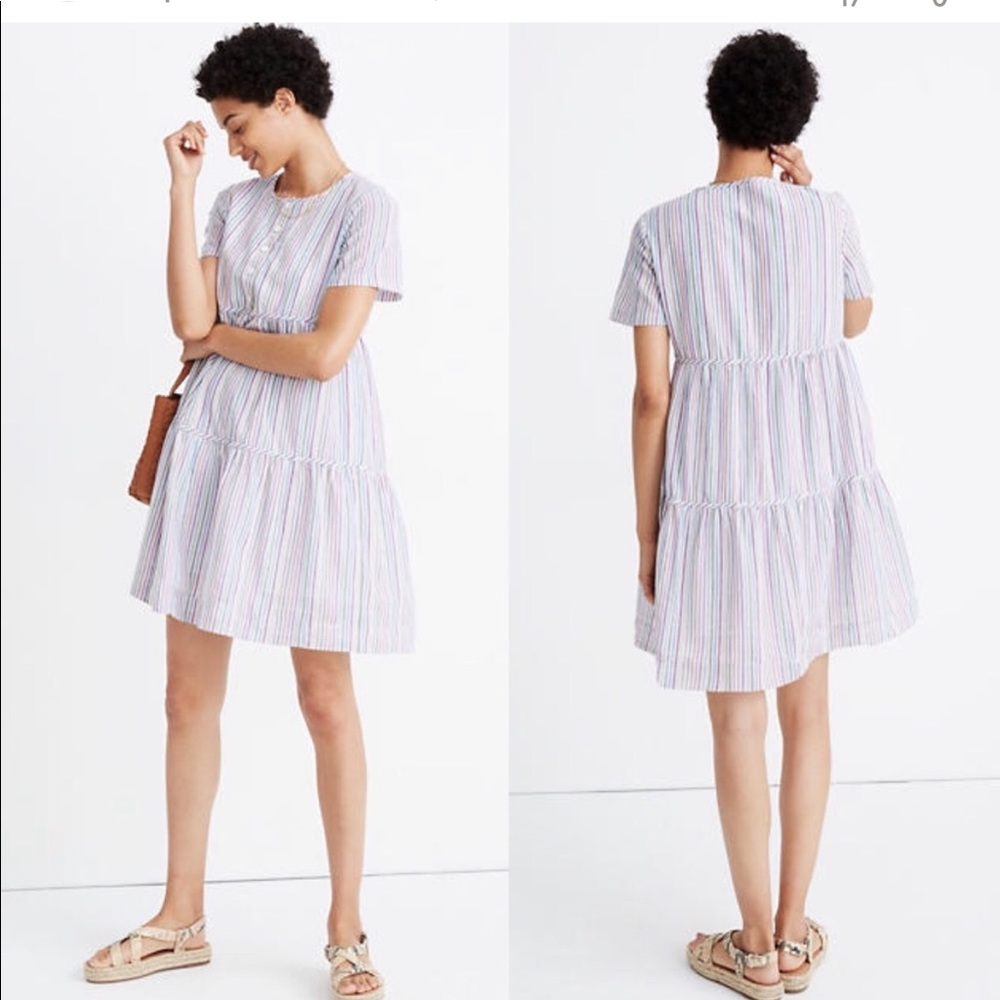 Madewell Striped Crew Neck Button Front Mini Dress